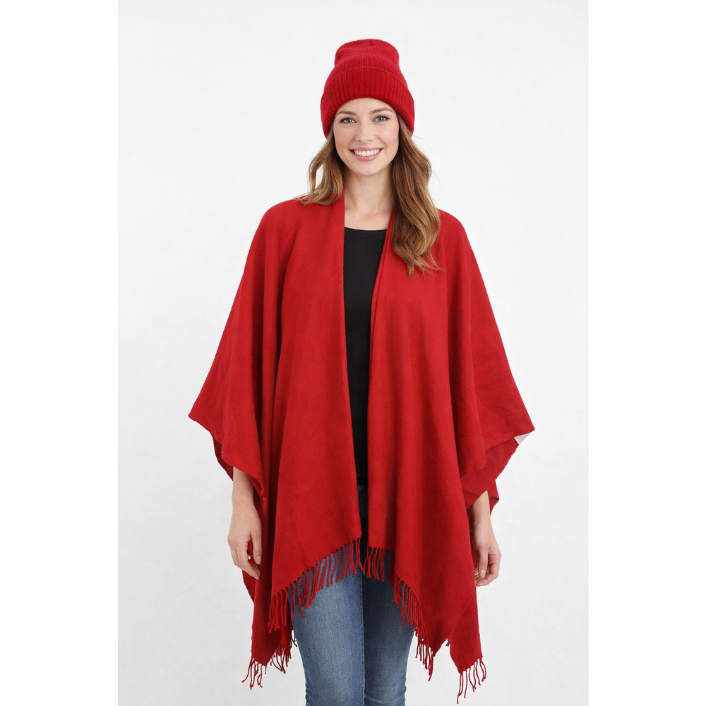 Y2K Womens Shawl Cape Poncho Scarf Fringed Size OS Red Casual Made in France